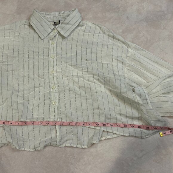 31 Fashion Linen Striped Cream Off White Set Long Sleeve Button Up Tank Top Crop - Picture 10 of 15